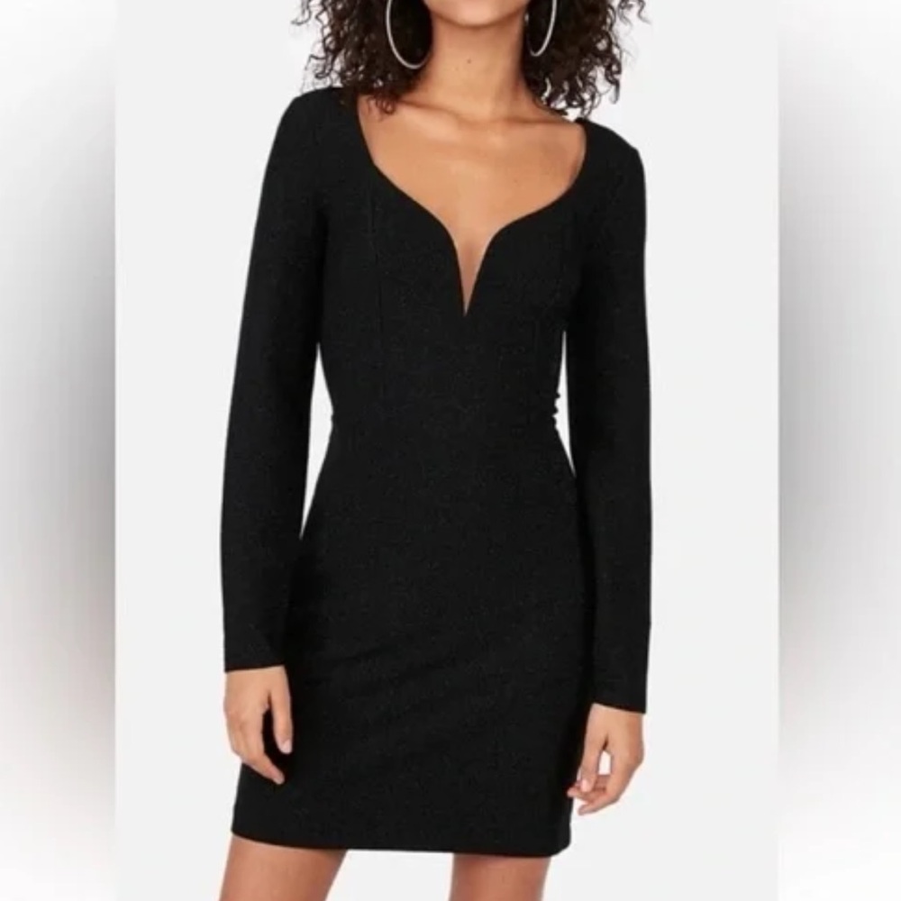Express Black Plunge Neck Long Sleeve Bodycon sparkly Dress Size Large